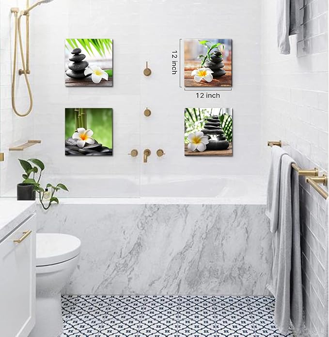 Yxbhhym-Zen Pictures Meditation Canvas Wall Art Spa Stone Green Room Decor White Frangipani Flower Poster Painting Zen Artwork for Bathroom Wall Décor Living Room Kitchen Decorations Framed Art