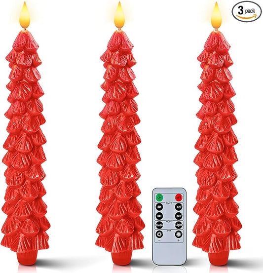Homemory 3 Pcs Christmas Tree Candles with Remote, Waxy Flameless Taper Candles Flickering, Red LED Candlesticks Battery Operated for New Year Celebration Holiday Decorations 9.7 Inches
