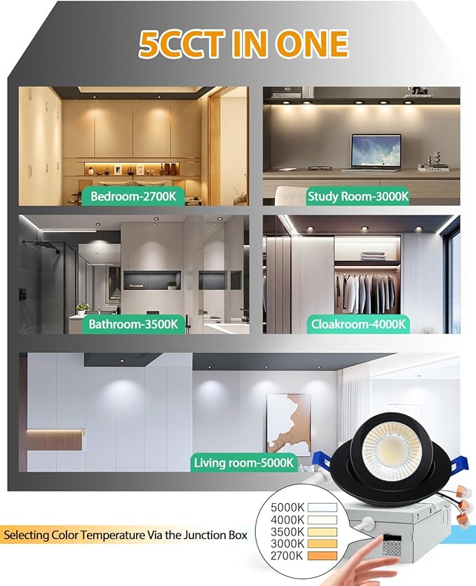 zouzai 5CCT LED Gimbal Led Recessed Light with Junction Box, 360°+90° Adjustable Directional Eyeball Lighting, Dimmable, 2700K/3000K/3500K/4000K/5000K,ETL&Energy Star (Black 12 Pack, 3 inch)