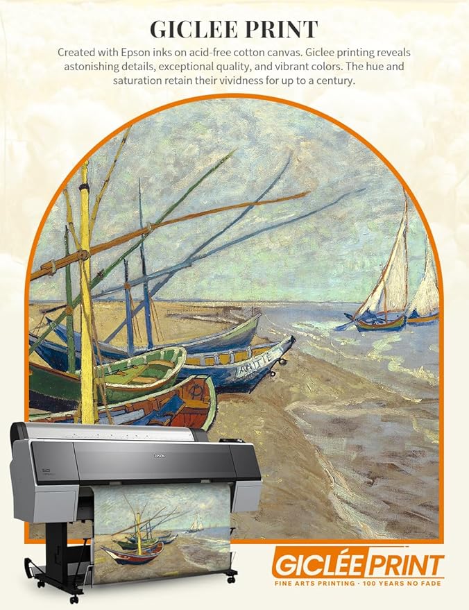 DECORARTS - Boats At Saintes Maire, Vincent Van Gogh Art Reproduction. Giclee Print w/Bronze Frame&Mat for Wall Decor. 30x24,