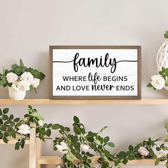 Family Where Life Begins and Love Never Ends Wooden Box Sign Desk Decor,Family Saying Wood Block Sign for Home Farmhouse Bedroom Shelf Tabletop Wall Decor