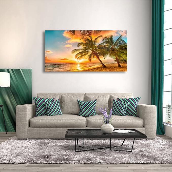 Beach Themed Wall Art Canvas Prints Seascape Picture Bathroom Décor Ocean Tree Sunset Paintings for Living Room Bedroom Office Home Kitchen Decorations 28x57 Wooden Framed Natural Landscape Artwork