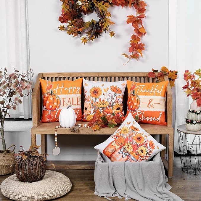 GEEORY Fall Throw Pillow Covers 18x18 Inch Set of 4, Pumpkins Floral Mason Jars Happy Fall Y'all Thankful & Blessed Orange Autumn Seasonal Decorative Farmhouse Decoration for Home G552-18