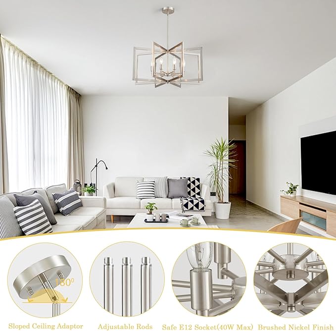 Brushed Nickel Chandelier 26 Inch Modern Geometric 8-Light Large Metal Dining Room Pendant Lighting Fixture for Kitchen Island Living Room Entryway Hallway Bedroom