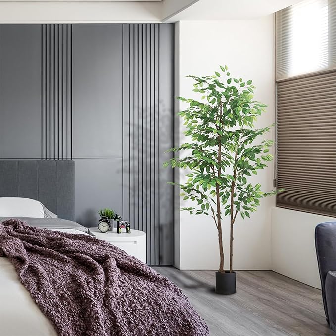 Artificial Ficus Tree 7ft(84in) Faux Floor Potted Tree for Indoor Decor Large Realistic Trees Plants with Silk Leaves and Natural Wood Trunk for Home Living Room,Office Foyer Decor.