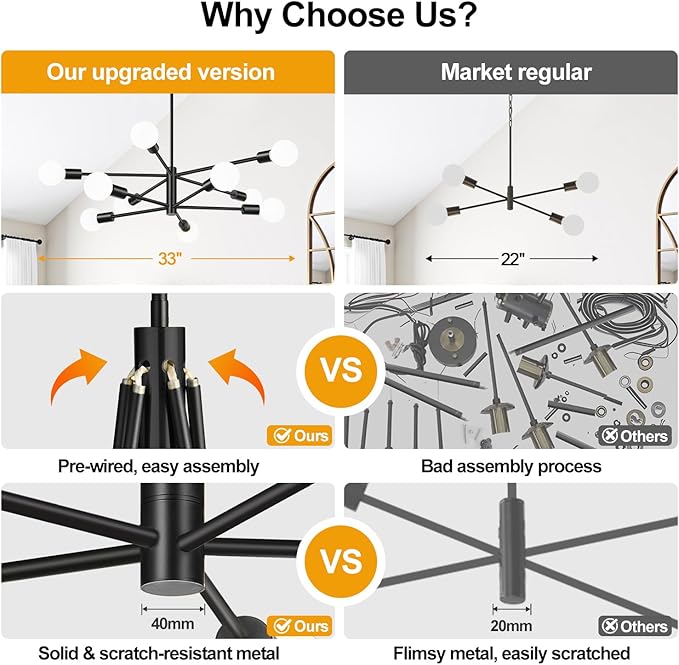 Sputnik Chandeliers Dining Room Light Fixture (10-Light, 33-Inch), Modern Black Chandelier, Height Adjustable Mid Century Modern Chandeliers for Dining Room Kitchen Island