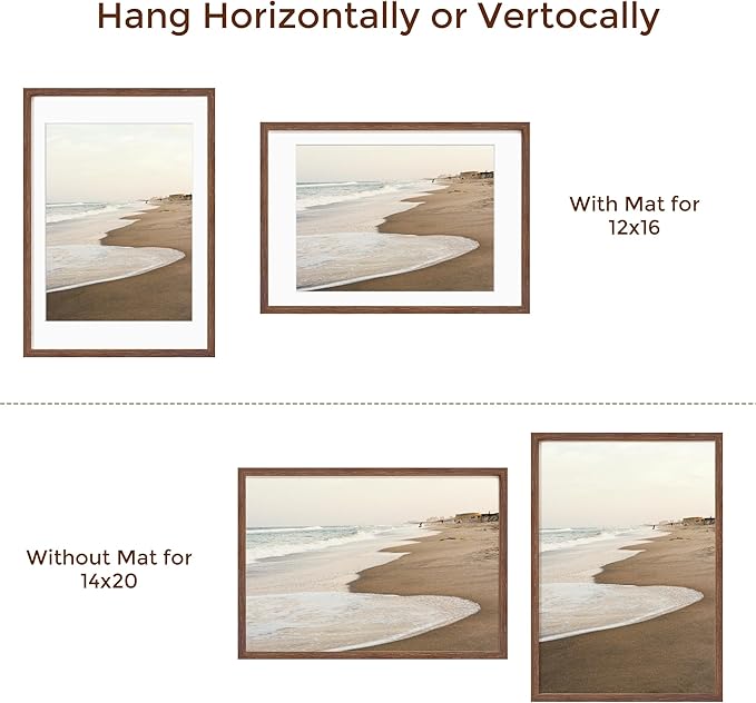 14x20 Picture Frame, Solid Oak Wooden 14"x20" Photo Frame for Wall, 14 x 20 Frame Matted to 12 x 16, Tempered Real Glass, 14 x 20 Collage Gallery Frames (Walnut Color, 1 Pack)