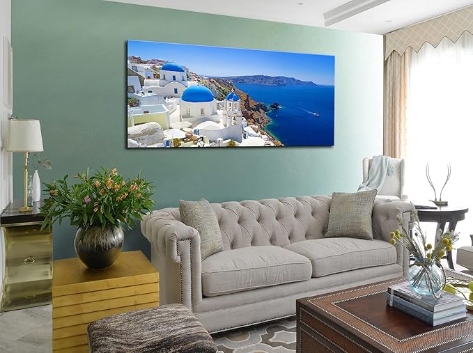OKEXCKK Large Canvas Print Wall Art Santorini in Greece Painting Wall Decor, Blue Coastal Landscape Artwork Seascape Pictures for Living Room, Bedroom, Office Decoration - 24"x48"