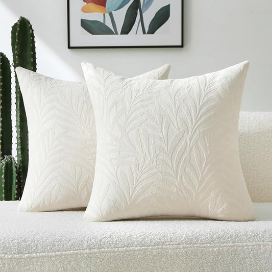 FUTEI Cream Decorative Throw Pillow Covers 22x22 Inch Set of 2,Soft Chenille Phoenix Tail Leaf Textured Cushion Case,Modern Home Decor for Couch Bed Living Room