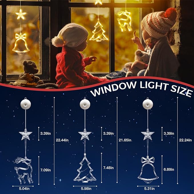 suddus Christmas Window Lights Decorations, 3Pcs Tree-Jingle Bell-Deer Shaped Xmas Lights Battery Powered with Suction Cups & Timer, Hanging String Lights Indoor for Tree, Fireplace, Warm White