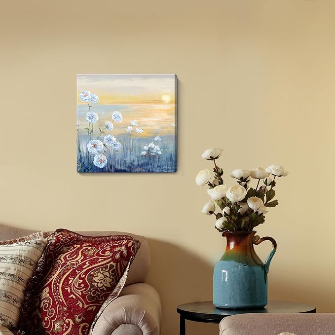 Bathroom Decor Wall Art Blue Ocean Sunset Seascape Painting Seaside Wildflowers Picture Abstract Coastal Canvas Print Natural Scenery Sunrise With Yellow Orange Sky Landscape Framed Artwork 14x14inch