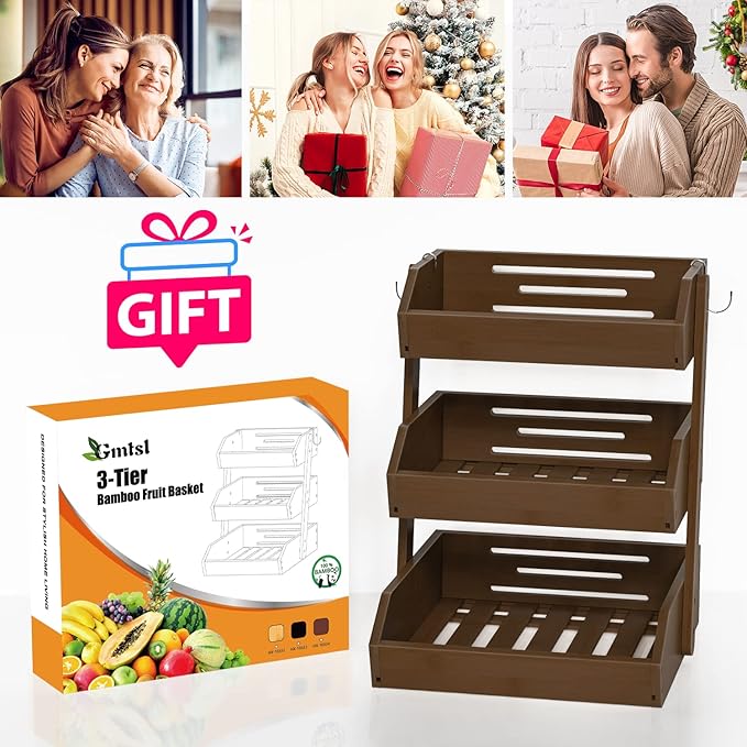 Bamboo Fruit Basket for Kitchen–3 Tier Fruit Bowl For Kitchen Counter, Large Fruit Holder With 2 Banana Hangers, Idea For Fruit and Vegetable Storage, Bread Basket, Snack Organizer(WALNUT)