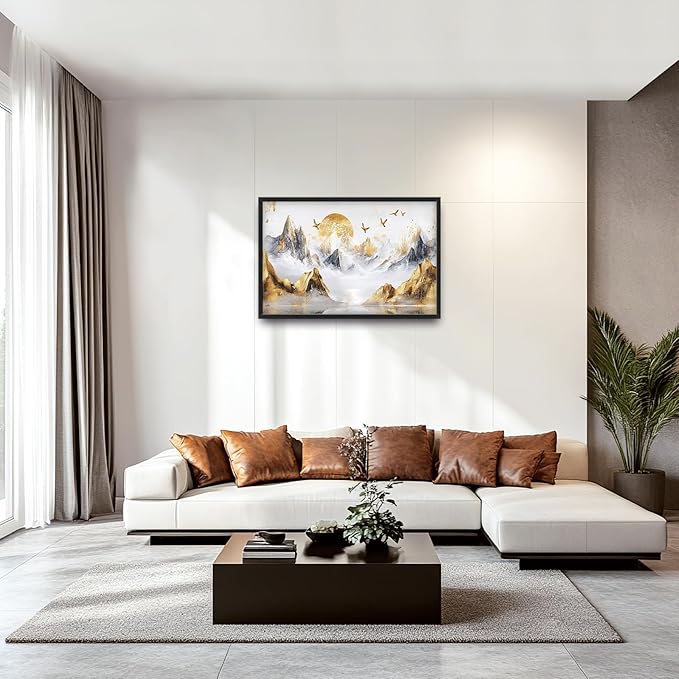 Extra Large Framed Abstract Mountain Wall Art,Golden Silver Sun Bird Wall Decor,Mountain Landscape Pictures for Living Room,Canvas Print Painting Modern Artwork Bedroom Office Bathroom 36L x24W