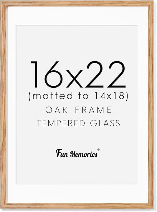 Fun Memories Natural Oak 16x22 Picture Frame with Real Glass, Matted to 14x18, Wall Frame (1 Pack)