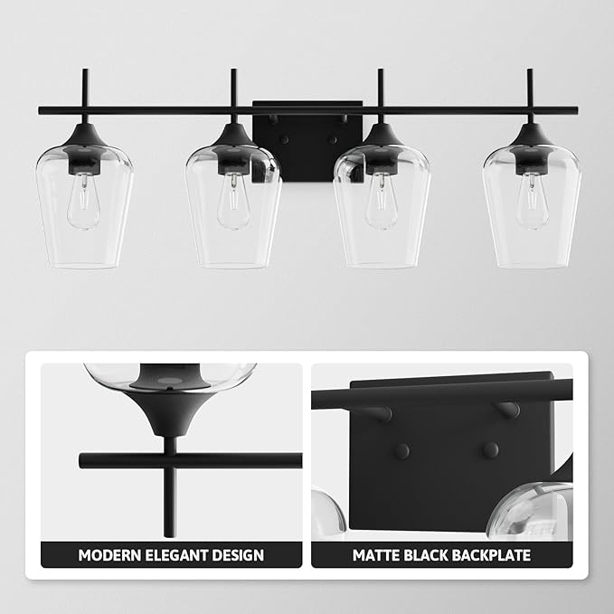 VONLUCE Bathroom Vanity Light, 4 Light Bathroom Light Fixture Over Mirror, Bathroom Wall Lamp with Clear Glass, Modern Black Vanity Lighting fixtures for Bathroom, Bedroom, Hallway