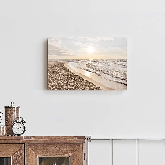 Sunset Beach Picture Wall Art: Sea Waves Canvas Painting Contemporary Ocean Scenery Coastal Artwork Tropical Nature Sands Seaside Seacape Prints for Modern Bathroom Living Room Bedroom