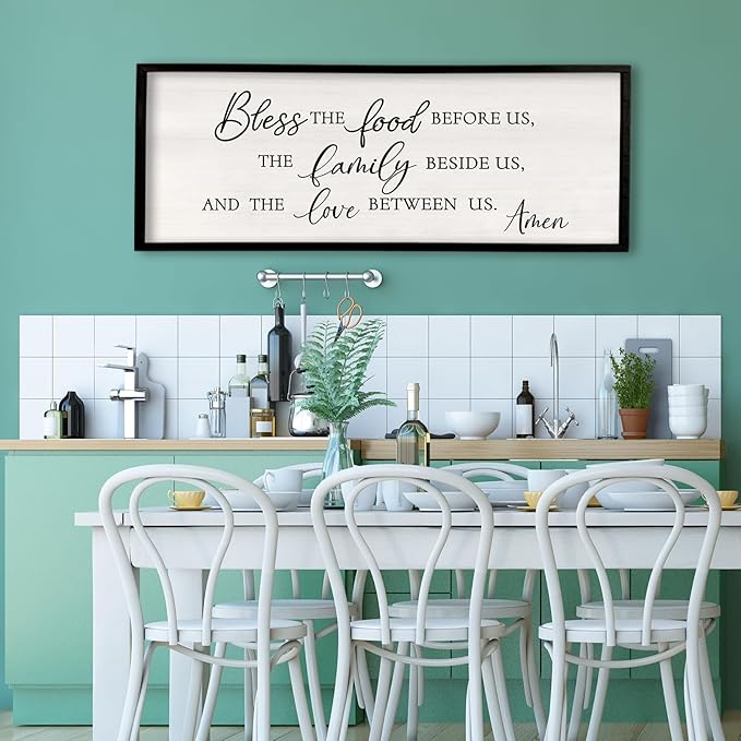 Surfapans Bless the Food Before Us Wall Decor, 40"X15" Farmhouse Dining Room Family Kitchen Sign, Christian Bible Verse Scripture Vintage Home Framed Wood Wall Art (Black)