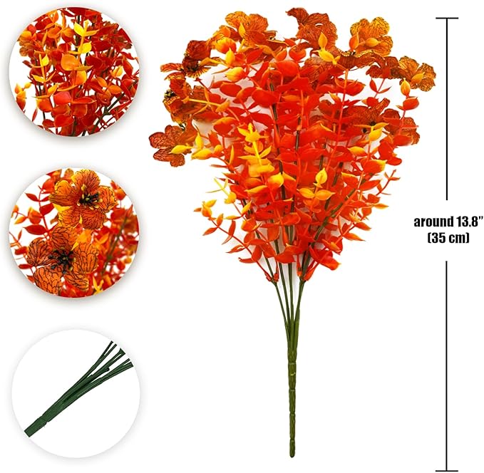 Artificial Fall Flowers for Outdoors, 10 Bundles Artificial Plants UV Resistant Fall Fake Plants for Outside Halloween Christmas Porch Decoration Fall Decor(Orange(Eucalyptus))