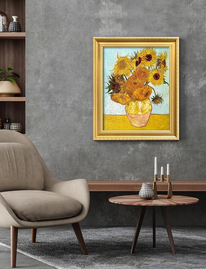 DECORARTS - Twelve Sunflowers by Vincent Van Gogh. Giclee Print on Acid-Free Canvas in Gold Solid Wood Frame. Picture Size: 16x20, Total Size: 24.75x20.75, Made in USA