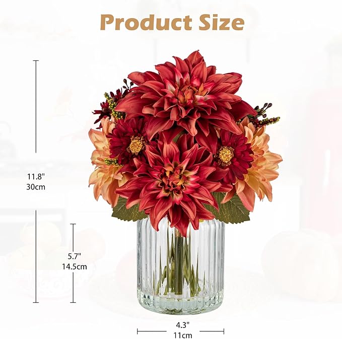 Briful Fake Fall Flowers with Vase, Artificial Fall Dahlia & Mum Silk Floral Arrangement with Glass Vase Faux Autumn Flowers Bouquet for Home Office Room Coffee Table Centerpiece Wedding Decoration