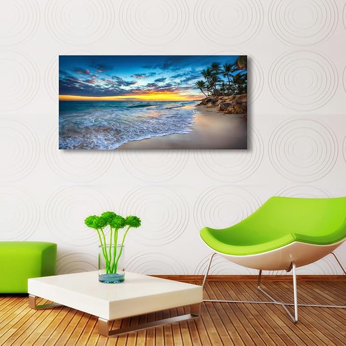 Beach Sunset Pictures Canvas Wall Art For Living Room Bedroom Wall Decor,Sunset Wall Art Print Paitnings for Home Decor,Morden Artwork Palm Coconut Tree Canvas Art Ready to Hang-24x48 Inches