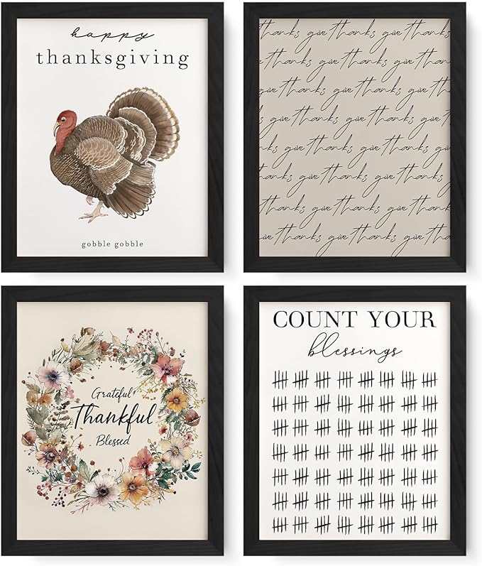 JXREQ Thankful Grateful Blessed Wall Decor Posters, Turkey Decorations for Thanksgiving Kitchen Bedroom Living Room Unframed, Count Your Blessings Wall Art Prints, 8x10 Inch 4Pcs