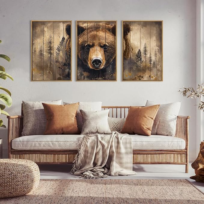 ANHUIB Brown Bear Wall Art 16x24 Inch Forest Paintings Rustic Wildlife Wall Decor Set of 3 for Living Room Bedroom Dining Room