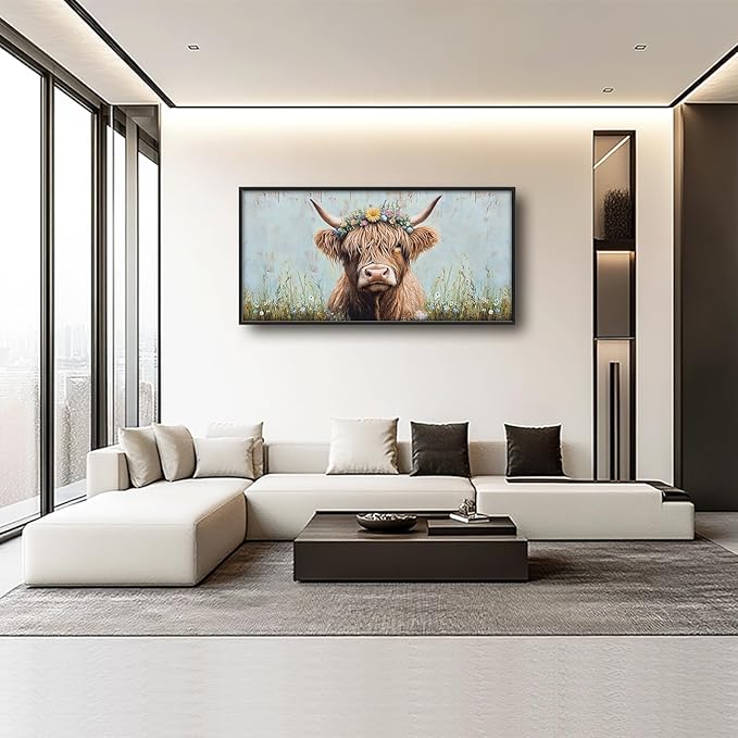Highland Cow Framed Wall Art for Living Room, Large Cow Canvas Wall Decor, Animal Pictures Painting, Modern Artwork for Bathroom Bedroom Office 60L'' × 30W''