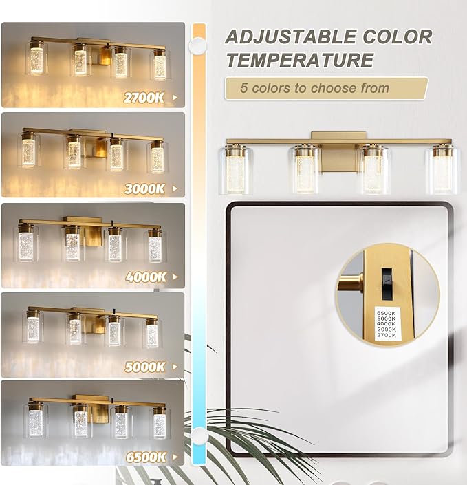 4-Light Gold Bathroom Vanity Light Fixture, Dimmable 5CCT Brushed Brass Bathroom Lights, 2700K-6500K Modern LED Wall Sconce Over Mirror with Clear Glass and Crystal Bubble