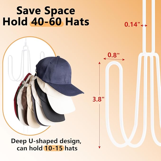 Hat Hangers for Closet, 1 Pack Stainless Steel Hat Organizer, Hat Racks for Baseball Caps, Cap Organizer for Baseball Caps, White