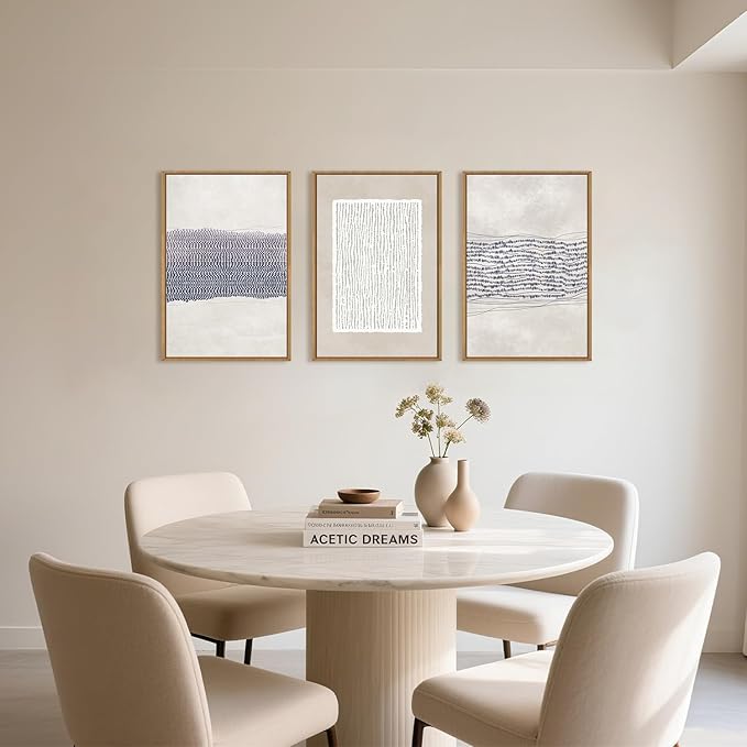 HOURIA Blue White Abstract Neutral Framed Canvas Wall Art Set,Minimalist Boho Waves Lines Wall Decor,Modern Geometric Shapes Print,Mid Century Grunge Artwork for Living Room,Bedroom,Office- 24"x36"x3