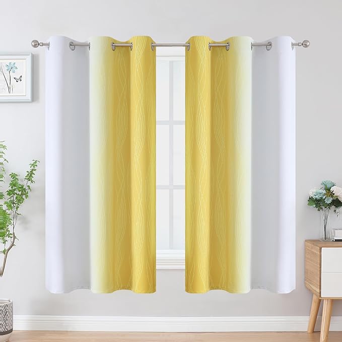 Estelar Textiler Yellow and Greyish White Blackout Curtains for Boys Bedroom, Thermal Insulated Ombre Blackout Drapes, Room Darkening Energy Saving Curtains for Living Room, 42Wx63L, 2 Panels