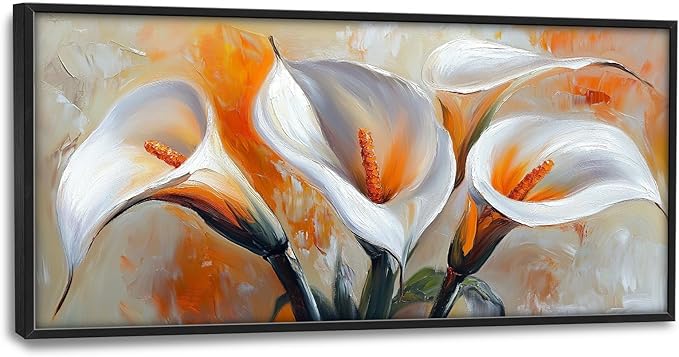Calla Lily Framed Wall Art for Living Room, Large Calla Flower Canvas Wall Decor, White Florals Pictures Painting, Modern Artwork for Bathroom Bedroom 60L'' × 30W''