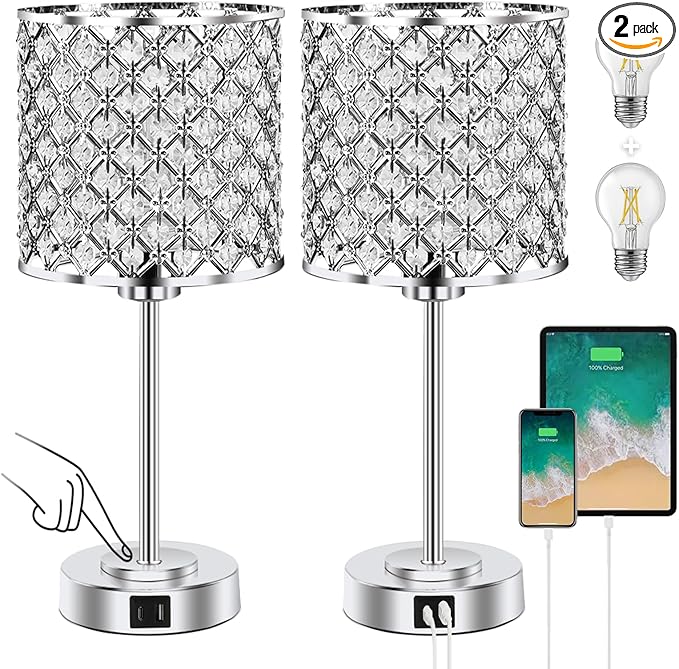 Crystal Table Bedside Lamp Touch Control, 3-Way Dimmable Small Nightstand Lamp Set of 2 with USB-C+A Charging Ports, Decorative Silver Tabletop Lamp for Bedroom Living Room Guest Room, Bulbs Included