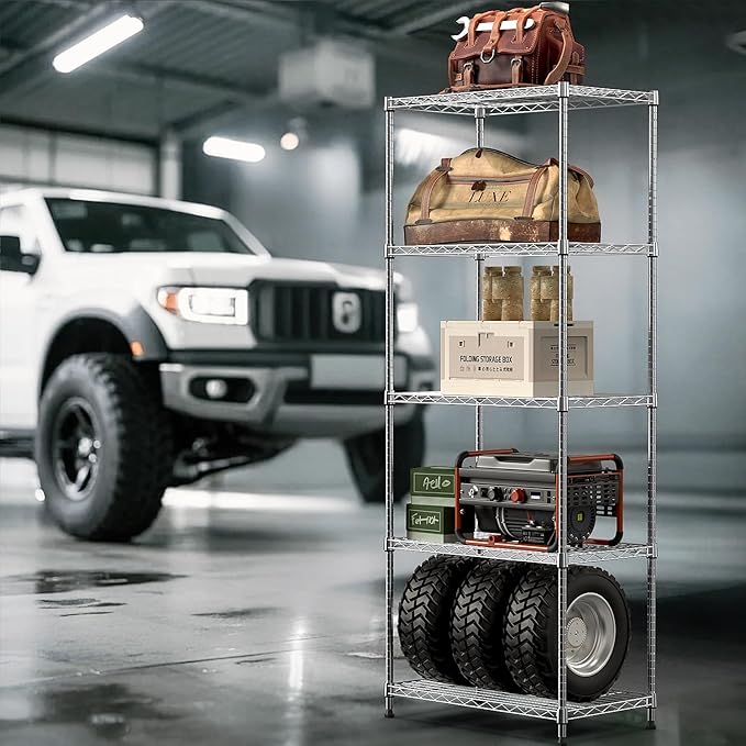 IZEUK 5-Tier Chrome Metal Storage Shelves, Adjustable Wire Shelving Unit for Kitchen, Bathroom, Pantry, Office, Garage, Organizer Wire Rack, 1250 lbs, 13.7" D x 23.6" W x 53.4" H