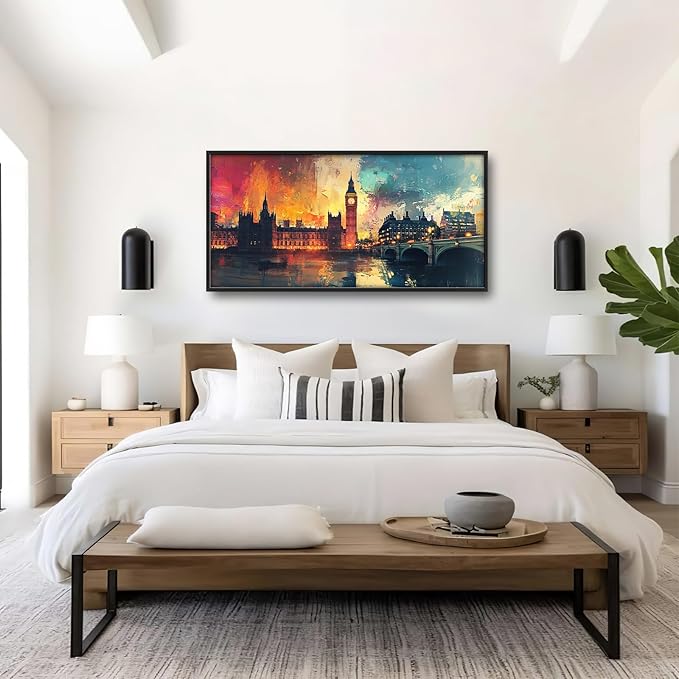 London Big Ben Framed Wall Art for Living Room, Large Cityscape Canvas Wall Decor, Bridge Pictures Painting, Natural Landscape Modern Artwork for Bathroom Bedroom 60L'' × 30W''