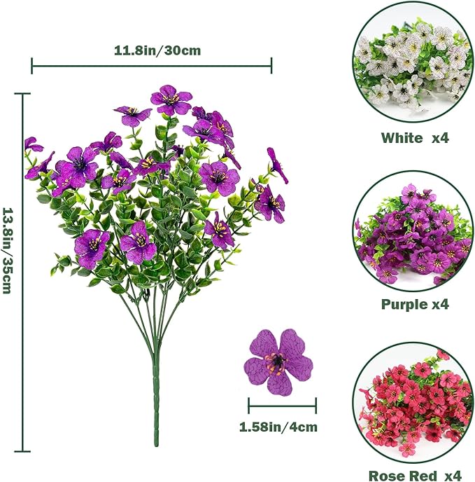 Nepfaivy Artificial Outdoor Flowers UV-Resistant - Realistic Artificial Flowers for Outdoors 12 Bundles 3 Colors, Fake Flowers for Outside Fade Resistant, Plastic Faux Flowers for Outdoor Planters