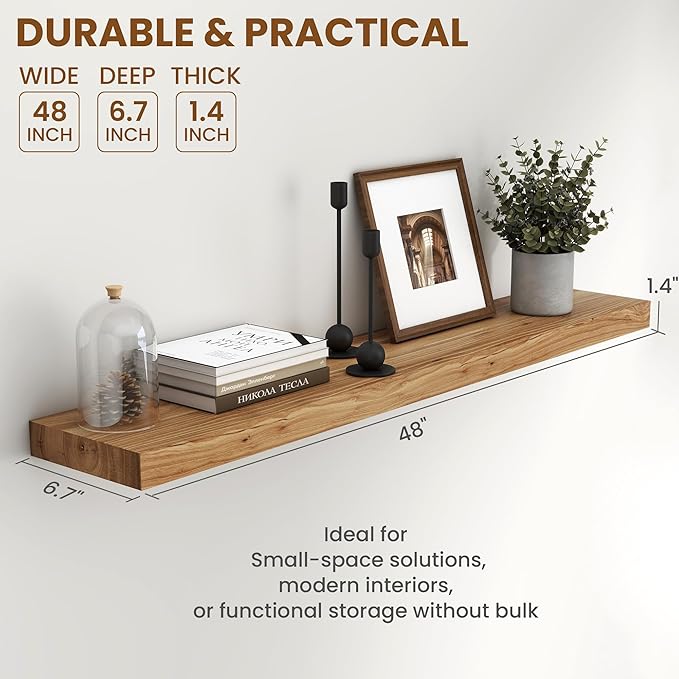 Fun Memories Rustic Elm Wood Floating Shelves for Wall, 48" Floating Shelf Wall Mounted, Long Floating Disply Shelf with Heavy-Duty Bracket for Living Room, Kitchen, Bathroom, Natural Color, Set of 1