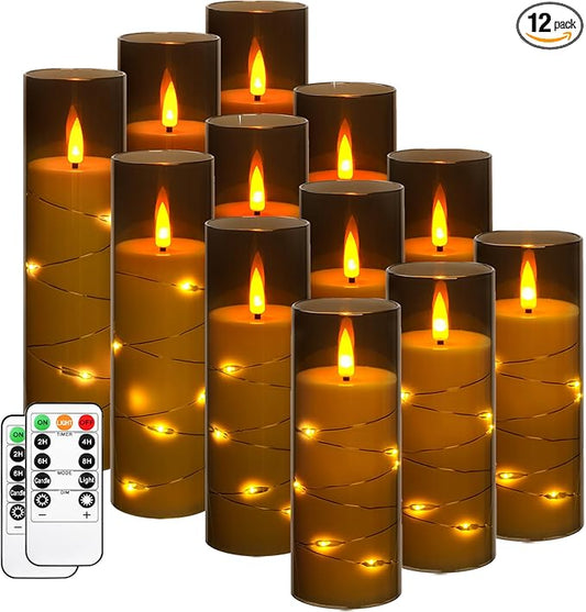 Da by Flameless Candles with Recessed String Light, Battery Operated Candles, Acrylic LED Pillar Candles with Remote Control and Timer, Gray, Set of 12