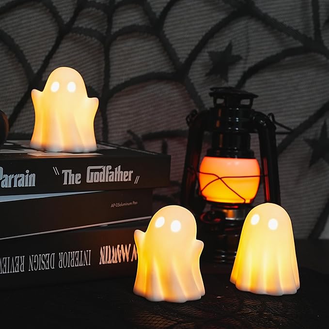 NEROSUN 3 Pack Cute Ghost Light Up Halloween Decor, LED White Ceramic Spooky Flameless Lanterns Decorative Light Fall Halloween Party Decoration for Home Bedroom Room Table Shelf