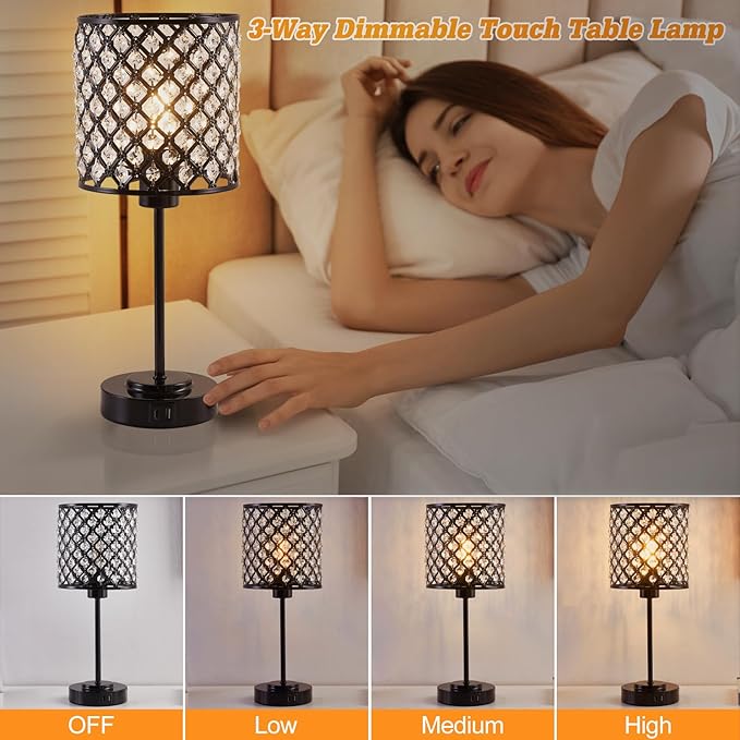 Touch Control Crystal Table Lamp Set of 2, Black Bedside Nightstand Lamps with USB-C+A Charging Ports 3-Way Dimmable Crystal Decorative Desk Lamp for Bedroom Guest Room Living Room, Bulbs Included