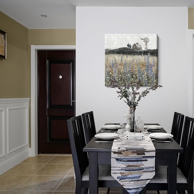 Farmhouse Wall Art for Living Room Classical Scenery Canvas Print Rustic Countryside Wildflower Field Landscape Nature Wilderness Meadow Picture Vintage Windmill Barn Painting Framed Artwork 24x24inch