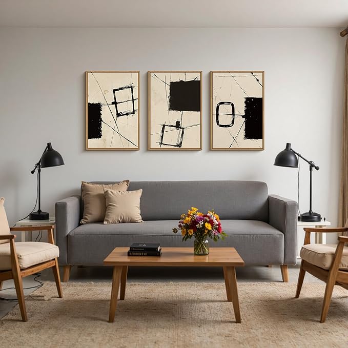 HOURIA Abstract Geometric Framed Canvas Wall Art Set,Black and Beige Brushstroke Wall Decor,Neutral Modern Wall Painting,Textured Line Drawing Art Prints for Living Room, Bedroom, Farmhouse-24 x36 x3