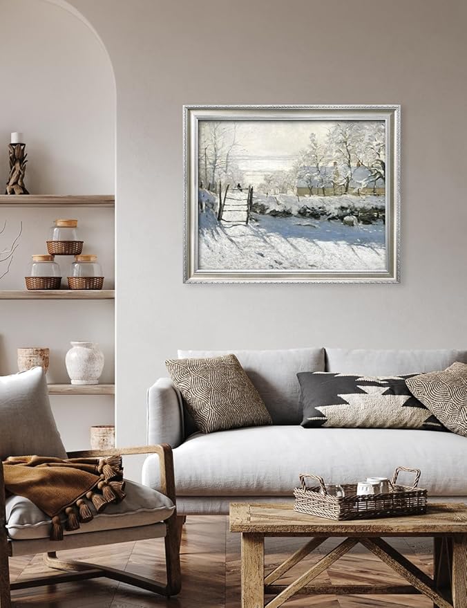 DECORARTS - Claude Monet The Magpie Giclee Print with Silver Solid Wood Frame, Impressionist Large Framed Wall Art, Ready to Hang, Framed Size 34.75x28.75, Made in USA