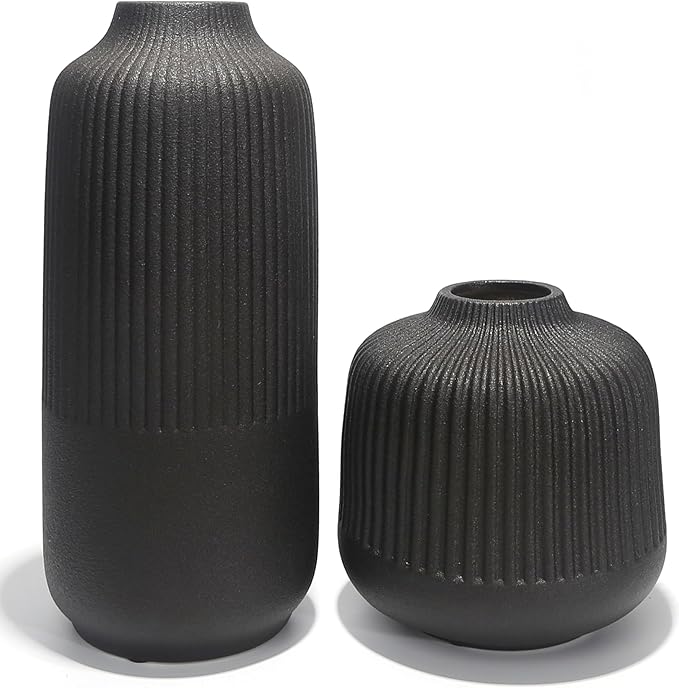 Black Ceramic Vase Set of 2, Modern Decor, Neutral Vases for Home Decor Boho Decor, Vases for Kitchen, Bedroom, Office, Living Room & Bathroom, Shelf Decor, Centerpiece Table,Mantel (Matt Black)