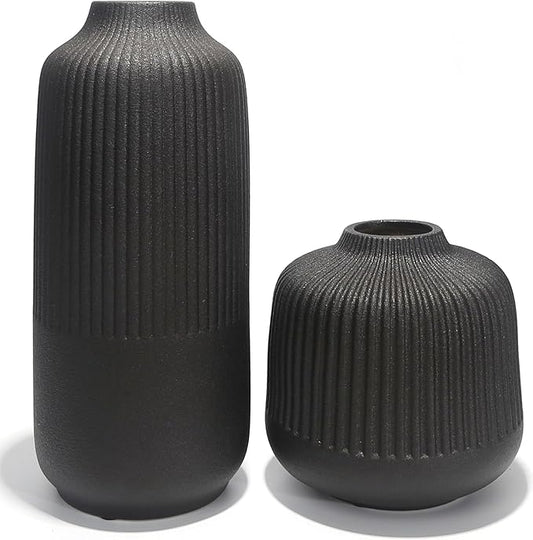 Black Ceramic Vase Set of 2, Modern Decor, Neutral Vases for Home Decor Boho Decor, Vases for Kitchen, Bedroom, Office, Living Room & Bathroom, Shelf Decor, Centerpiece Table,Mantel (Matt Black)