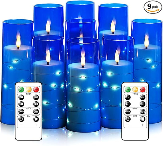 Flameless LED Candles with Timer 9 Pc Flickering Flameless Candles for Romantic Ambiance and Home Decoration Stable Acrylic Shell,with Embedded Star String，Battery Operated Candles（Blue）