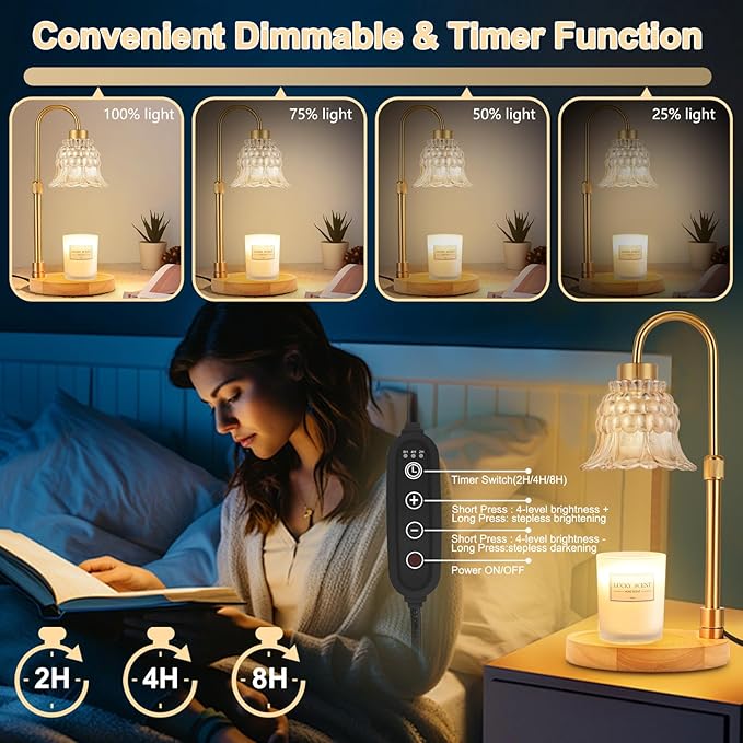Candle Warmer Lamp with Timer & Dimmer, Adjustable Height Electric Candle Warmer with 3 Bulbs,Compatible with All Size Scented Candles, Wax Melt Warmer for Bedroom,Home Decor House Warming Gifts