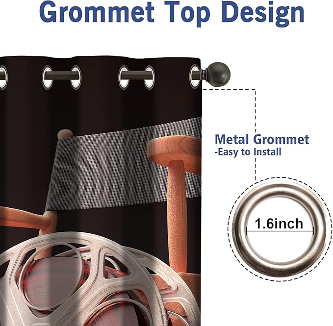 Jekeno Movie Theater Blackout Curtains Movie Theater Decor for Bedroom Living Room Object of Cinema Film Reel Motion Picture Red Black Print Grommet Window Drapes 2 Panel Set, 52"x63"