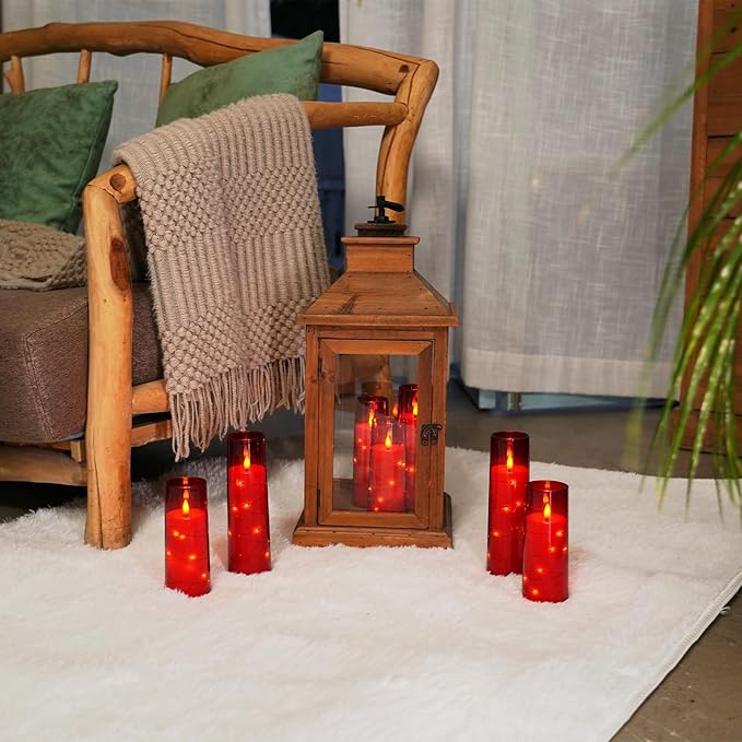 Raycare Flameless Candles with Embedded Star String, 9 Pcs Battery Operated Acrylic Pillar Candles with Timer and Remote, LED Candles for Romantic Ambiance and Home Decoration (Red)